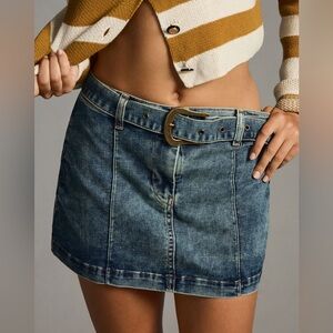 Anthropologie Blue Denim Mini Skirt with Brass Buckle